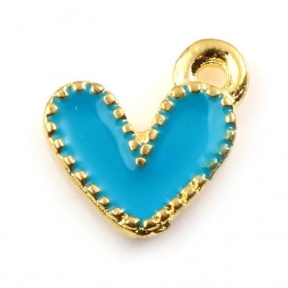 Picture of Zinc Based Alloy Valentine's Day Charms Heart Gold Plated Lake Blue Enamel 10mm x 9mm, 20 PCs