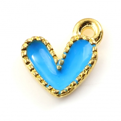 Picture of Zinc Based Alloy Valentine's Day Charms Heart Gold Plated Blue Enamel 10mm x 9mm, 20 PCs