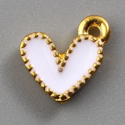 Picture of Zinc Based Alloy Valentine's Day Charms Heart Gold Plated White Enamel 10mm x 9mm, 20 PCs