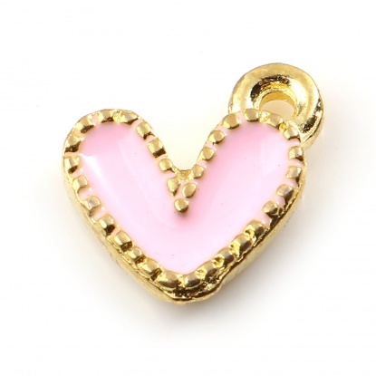 Picture of Zinc Based Alloy Valentine's Day Charms Heart Gold Plated Pink Enamel 10mm x 9mm, 20 PCs