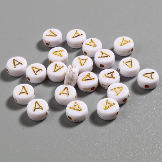 Picture of Acrylic Beads Flat Round White & Golden Initial Alphabet/ Capital Letter Pattern Message " A " About 7mm Dia., Hole: Approx 1.4mm, 500 PCs