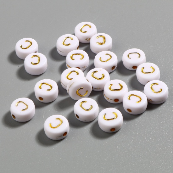Picture of Acrylic Beads Flat Round White & Golden Initial Alphabet/ Capital Letter Pattern Message " C " About 7mm Dia., Hole: Approx 1.4mm, 500 PCs