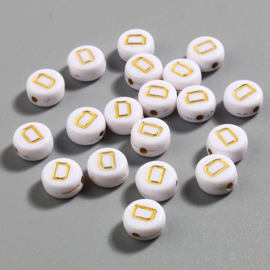 Picture of Acrylic Beads Flat Round White & Golden Initial Alphabet/ Capital Letter Pattern Message " D " About 7mm Dia., Hole: Approx 1.4mm, 500 PCs