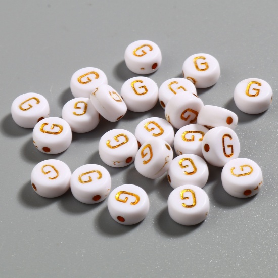 Picture of Acrylic Beads Flat Round White & Golden Initial Alphabet/ Capital Letter Pattern Message " G " About 7mm Dia., Hole: Approx 1.4mm, 500 PCs