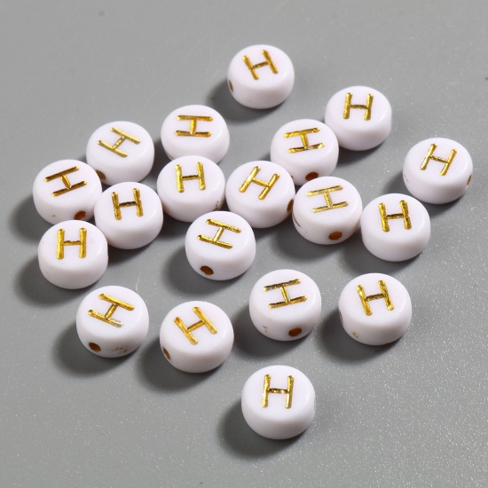 Picture of Acrylic Beads Flat Round White & Golden Initial Alphabet/ Capital Letter Pattern Message " H " About 7mm Dia., Hole: Approx 1.4mm, 500 PCs