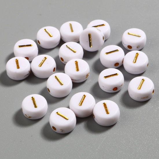 Picture of Acrylic Beads Flat Round White & Golden Initial Alphabet/ Capital Letter Pattern Message " I " About 7mm Dia., Hole: Approx 1.4mm, 500 PCs