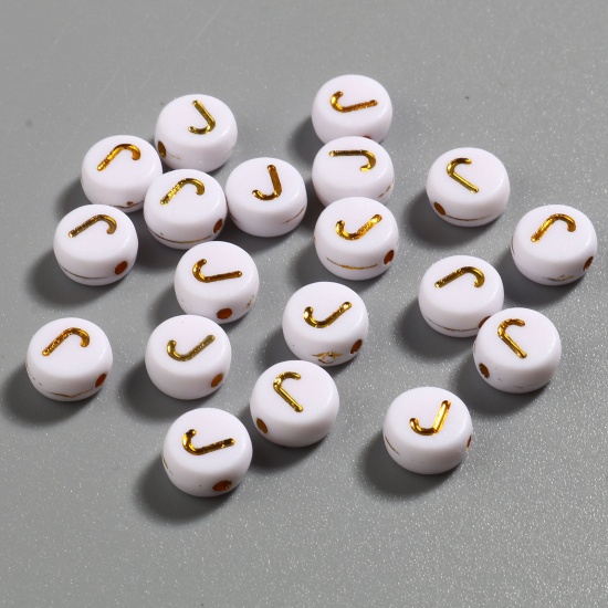 Picture of Acrylic Beads Flat Round White & Golden Initial Alphabet/ Capital Letter Pattern Message " J " About 7mm Dia., Hole: Approx 1.4mm, 500 PCs