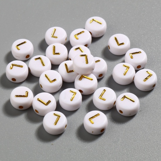 Picture of Acrylic Beads Flat Round White & Golden Initial Alphabet/ Capital Letter Pattern Message " L " About 7mm Dia., Hole: Approx 1.4mm, 500 PCs