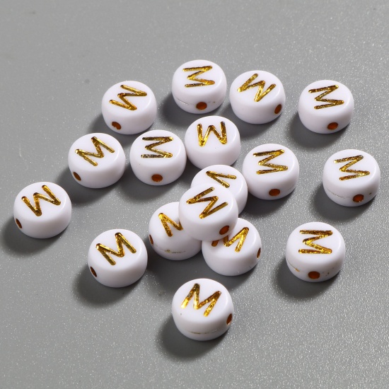 Picture of Acrylic Beads Flat Round White & Golden Initial Alphabet/ Capital Letter Pattern Message " M " About 7mm Dia., Hole: Approx 1.4mm, 500 PCs