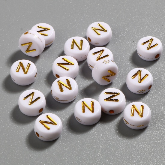 Picture of Acrylic Beads Flat Round White & Golden Initial Alphabet/ Capital Letter Pattern Message " N " About 7mm Dia., Hole: Approx 1.4mm, 500 PCs