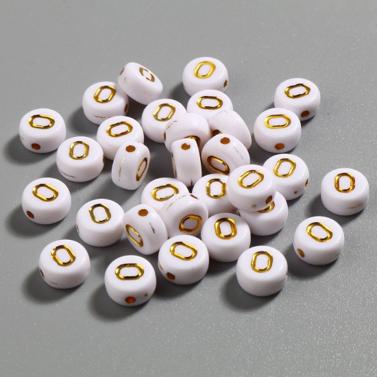 Picture of Acrylic Beads Flat Round White & Golden Initial Alphabet/ Capital Letter Pattern Message " O " About 7mm Dia., Hole: Approx 1.4mm, 500 PCs