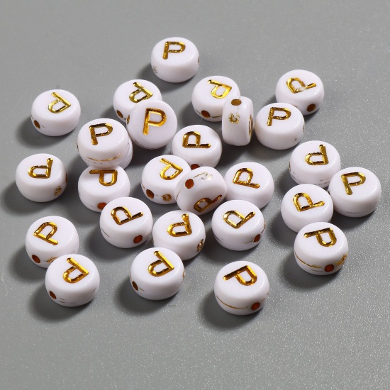Picture of Acrylic Beads Flat Round White & Golden Initial Alphabet/ Capital Letter Pattern Message " P " About 7mm Dia., Hole: Approx 1.4mm, 500 PCs