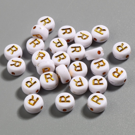 Picture of Acrylic Beads Flat Round White & Golden Initial Alphabet/ Capital Letter Pattern Message " R " About 7mm Dia., Hole: Approx 1.4mm, 500 PCs