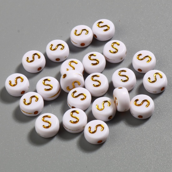 Picture of Acrylic Beads Flat Round White & Golden Initial Alphabet/ Capital Letter Pattern Message " S " About 7mm Dia., Hole: Approx 1.4mm, 500 PCs