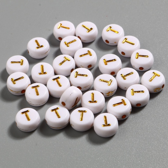 Picture of Acrylic Beads Flat Round White & Golden Initial Alphabet/ Capital Letter Pattern Message " T " About 7mm Dia., Hole: Approx 1.4mm, 500 PCs