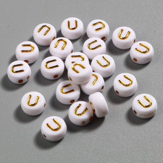 Picture of Acrylic Beads Flat Round White & Golden Initial Alphabet/ Capital Letter Pattern Message " U " About 7mm Dia., Hole: Approx 1.4mm, 500 PCs