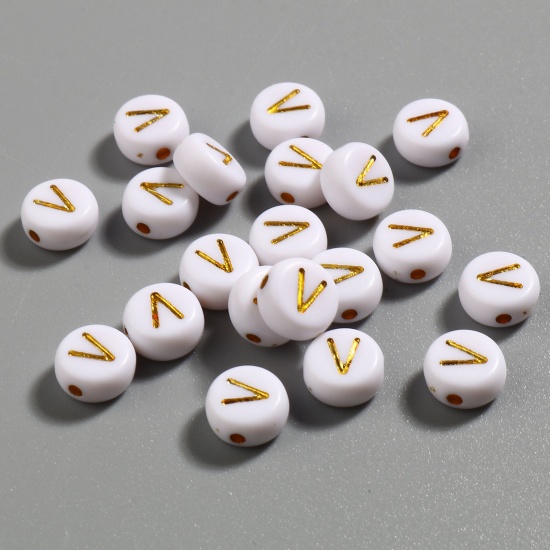 Picture of Acrylic Beads Flat Round White & Golden Initial Alphabet/ Capital Letter Pattern Message " V " About 7mm Dia., Hole: Approx 1.4mm, 500 PCs