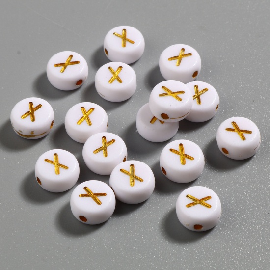 Picture of Acrylic Beads Flat Round White & Golden Initial Alphabet/ Capital Letter Pattern Message " X " About 7mm Dia., Hole: Approx 1.4mm, 500 PCs