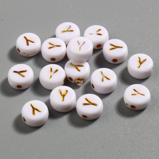 Picture of Acrylic Beads Flat Round White & Golden Initial Alphabet/ Capital Letter Pattern Message " Y " About 7mm Dia., Hole: Approx 1.4mm, 500 PCs