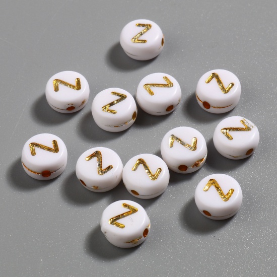 Picture of Acrylic Beads Flat Round White & Golden Initial Alphabet/ Capital Letter Pattern Message " Z " About 7mm Dia., Hole: Approx 1.4mm, 500 PCs