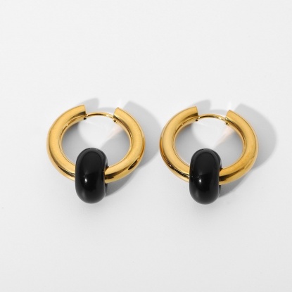 Picture of Stainless Steel Hoop Earrings 18K Real Gold Plated Black Round 24mm x 14mm, 1 Pair