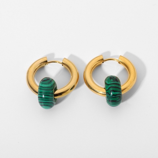 Picture of Eco-friendly Stylish Exquisite 18K Real Gold Plated Green 304 Stainless Steel & Stone Round Hoop Earrings For Women Party 24mm x 14mm, 1 Pair
