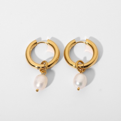 Picture of Stainless Steel Hoop Earrings 18K Real Gold Plated White Round Imitation Pearl 42mm, 1 Pair