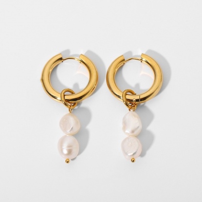 Picture of Stainless Steel Hoop Earrings 18K Real Gold Plated White Round Imitation Pearl 50mm, 1 Pair