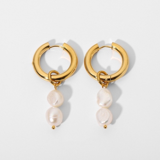 Picture of Eco-friendly Dainty Exquisite 18K Real Gold Plated White 304 Stainless Steel & Natural Pearl Baroque Tassel Hoop Earrings For Women Party 50mm, 1 Pair