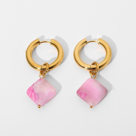 Picture of Eco-friendly Sweet & Cute Exquisite 18K Real Gold Plated Pink 304 Stainless Steel Round Rhombus Hoop Earrings For Women Party 43mm, 1 Pair