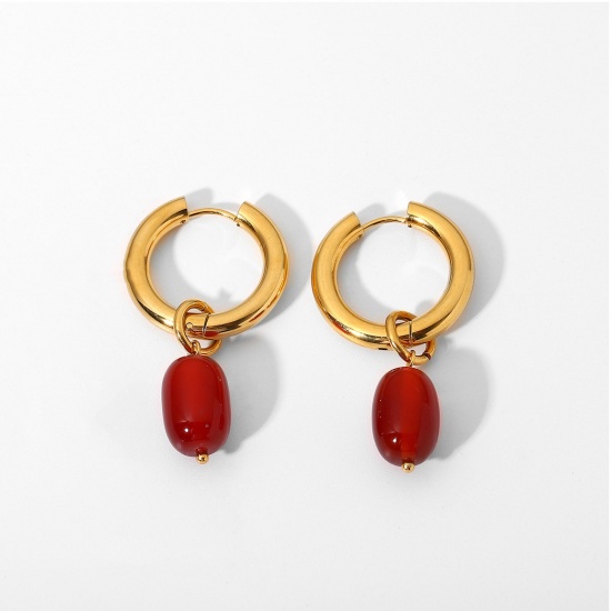 Picture of Eco-friendly Stylish Exquisite 18K Real Gold Plated Wine Red 304 Stainless Steel Round Oval Hoop Earrings For Women Party 19mm, 1 Pair