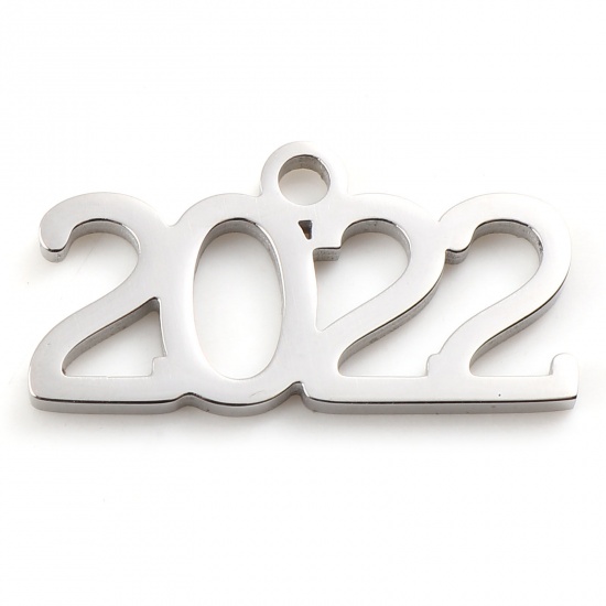 Picture of Stainless Steel Year Charms Number Silver Tone Message " 2022 " 20mm x 10mm, 2 PCs