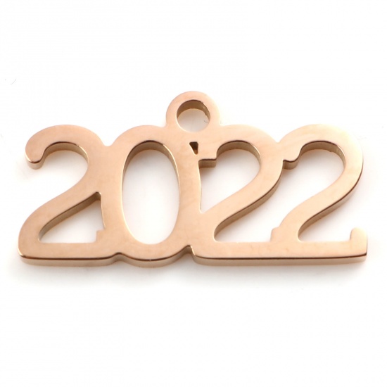 Picture of Stainless Steel Year Charms Number Rose Gold Message " 2022 " 20mm x 10mm, 2 PCs