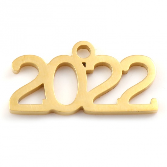 Picture of Stainless Steel Year Charms Number Gold Plated Message " 2022 " 20mm x 10mm, 2 PCs