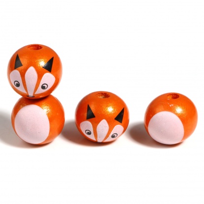 ウッド ビーズ 円形 白+オレンジ 狐柄 約 19mm x 18mm、 穴：約 4.3mm、 10 セット(2個/セット) の画像