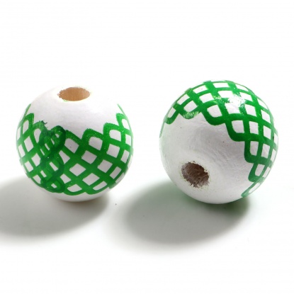 ウッド スペーサー 聖パトリックの祝日 ビーズ 円形 白+緑 格子柄柄 約 16mm直径、 穴：約 4.3mm、 20 個 の画像
