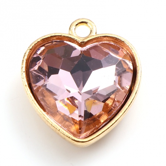Picture of Zinc Based Alloy & Glass Valentine's Day Charms Heart Gold Plated Light Pink 18.5mm x 16mm, 5 PCs