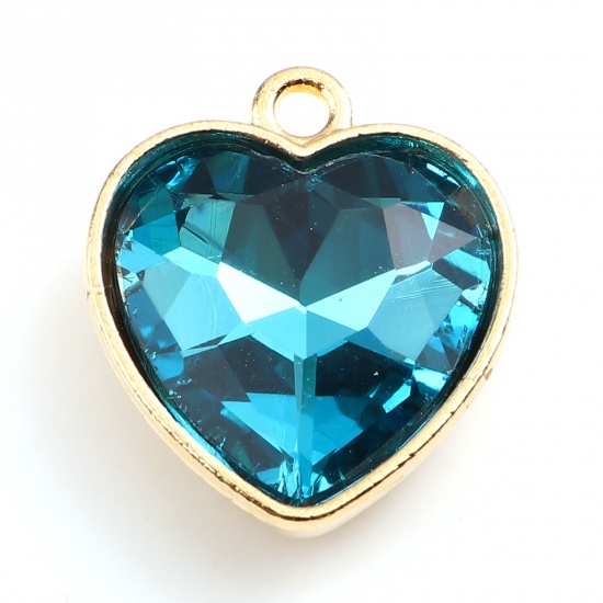 Picture of Zinc Based Alloy & Glass Valentine's Day Charms Heart Gold Plated Lake Blue 18.5mm x 16mm, 5 PCs