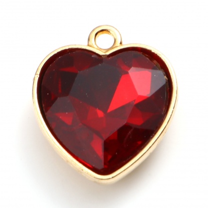 亜鉛合金+ガラス バレンタインデー チャーム ハート 金メッキ 深紅色 18.5mm x 16mm、 5 個 の画像