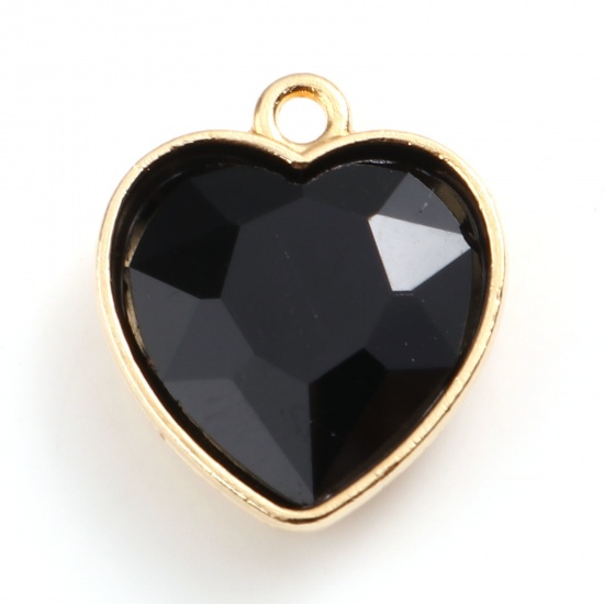 Picture of Zinc Based Alloy & Glass Valentine's Day Charms Heart Gold Plated Black 18.5mm x 16mm, 5 PCs
