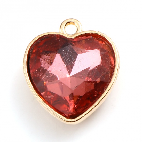 Picture of Zinc Based Alloy & Glass Valentine's Day Charms Heart Gold Plated Hot Pink 18.5mm x 16mm, 5 PCs
