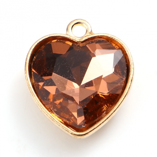 Picture of Zinc Based Alloy & Glass Valentine's Day Charms Heart Gold Plated Orange Pink 18.5mm x 16mm, 5 PCs