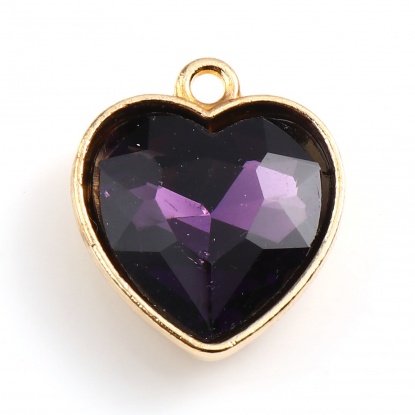 亜鉛合金+ガラス バレンタインデー チャーム ハート 金メッキ 深紫色 18.5mm x 16mm、 5 個 の画像