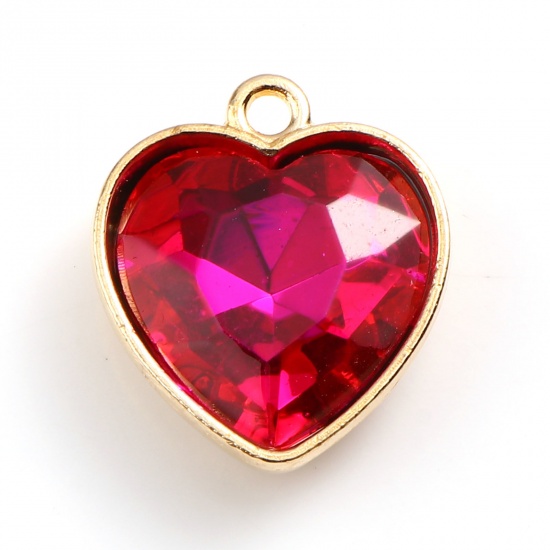 Picture of Zinc Based Alloy & Glass Valentine's Day Charms Heart Gold Plated Fuchsia 18.5mm x 16mm, 5 PCs