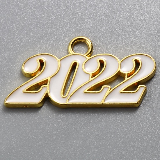 Picture of Zinc Based Alloy Year Pendants Number Gold Plated White Message " 2022 " Enamel 38mm x 19mm, 5 PCs