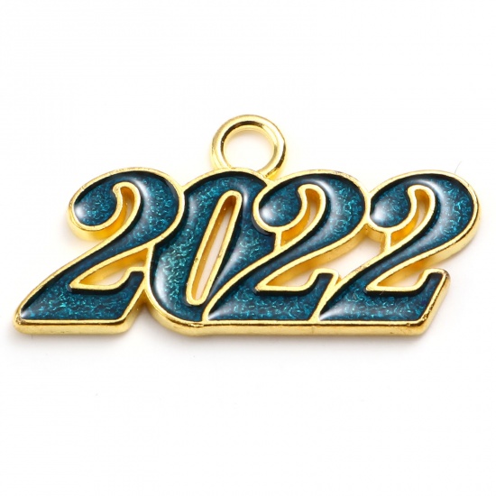Picture of Zinc Based Alloy Year Pendants Number Gold Plated Blue Message " 2022 " Enamel 38mm x 19mm, 5 PCs