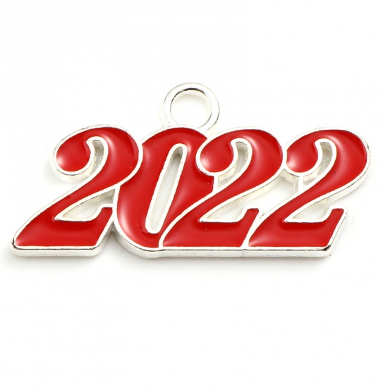 Picture of Zinc Based Alloy Year Pendants Number Silver Plated Red Message " 2022 " Enamel 38mm x 19mm, 5 PCs