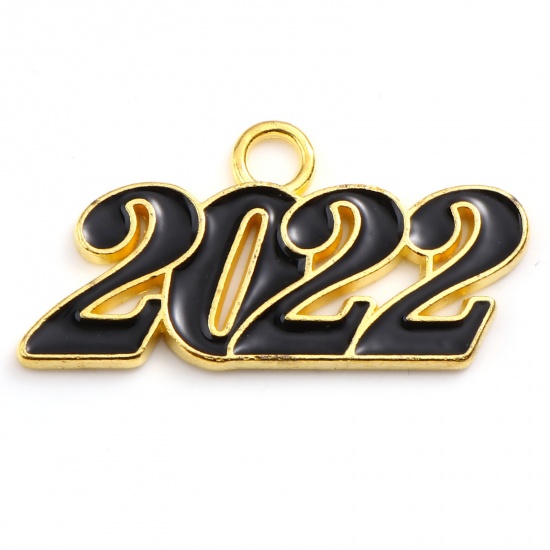 Picture of Zinc Based Alloy Year Pendants Number Gold Plated Black Message " 2022 " Enamel 38mm x 19mm, 5 PCs