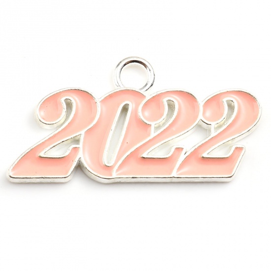 Picture of Zinc Based Alloy Year Pendants Number Silver Plated Peach Pink Message " 2022 " Enamel 38mm x 19mm, 5 PCs