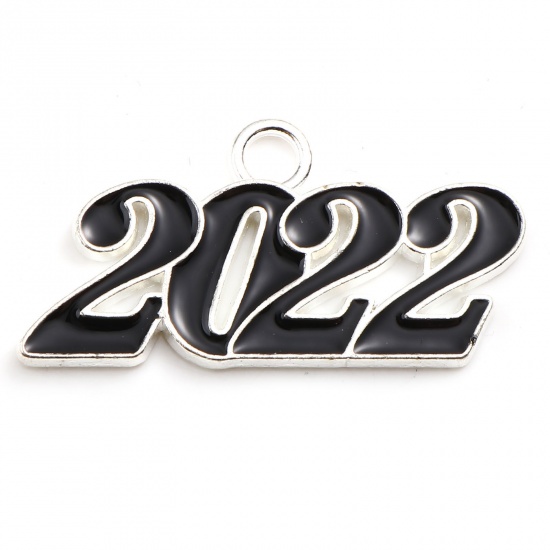 Picture of Zinc Based Alloy Year Pendants Number Silver Plated Black Message " 2022 " Enamel 38mm x 19mm, 5 PCs